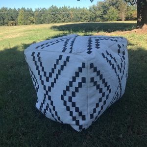 Boho pouf ottoman cover, unstuffed black and cream, 22’ cube shape